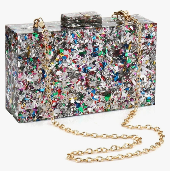 Abstract Silver Confetti Hard Case Clutch Bag Box Purse Crossbody Chain Multi - Picture 1 of 11